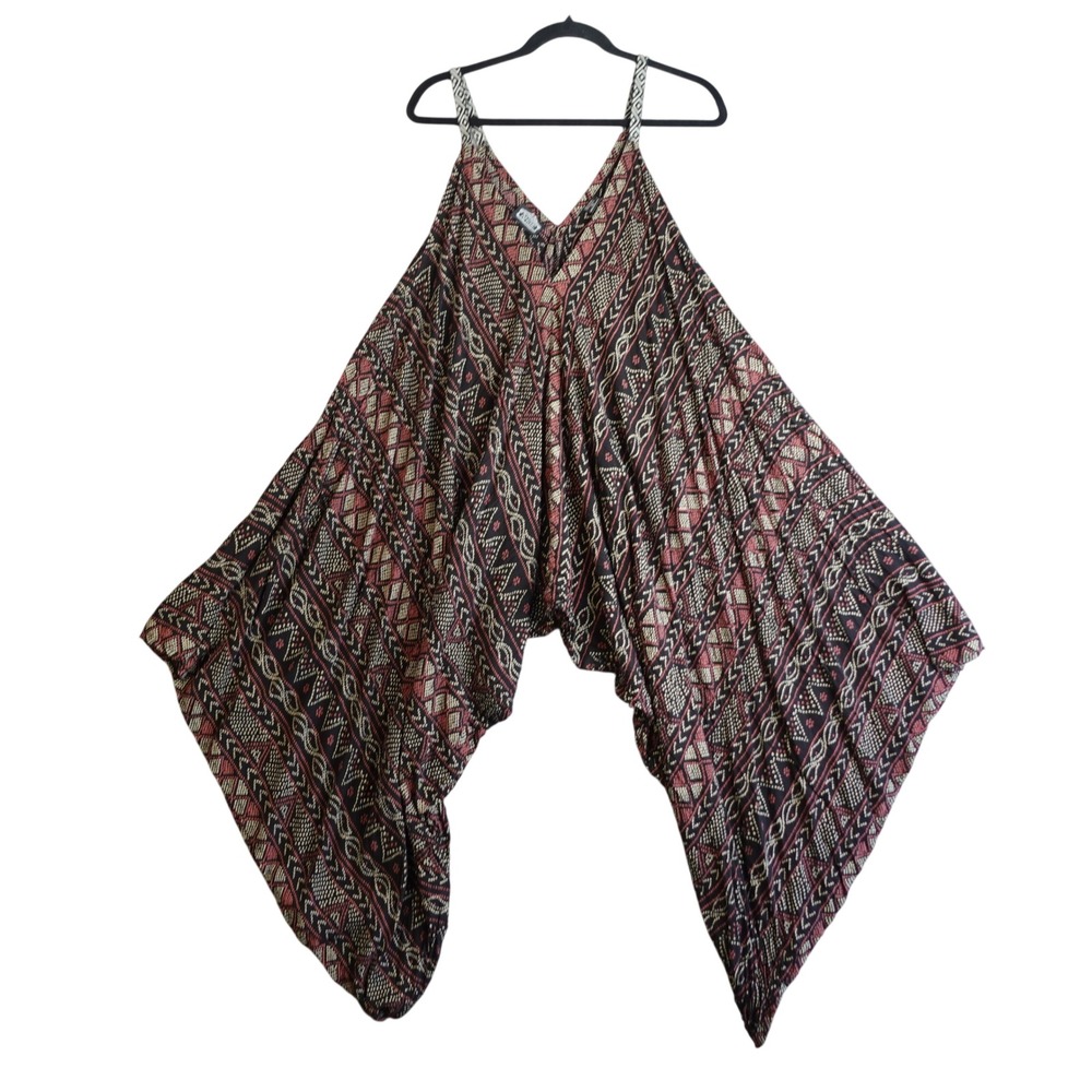Vintage 90s Angie Harem Jumpsuit Womens S Black Geometric Beachy Boho Romper